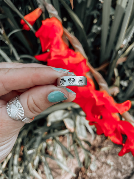 birth flower handstamped ring