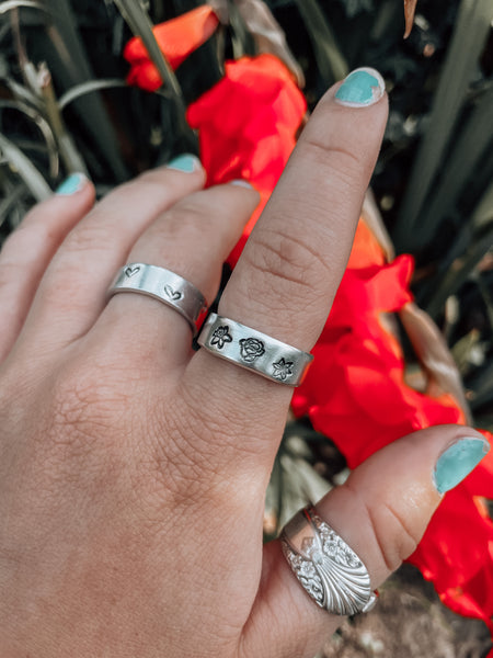 birth flower handstamped ring